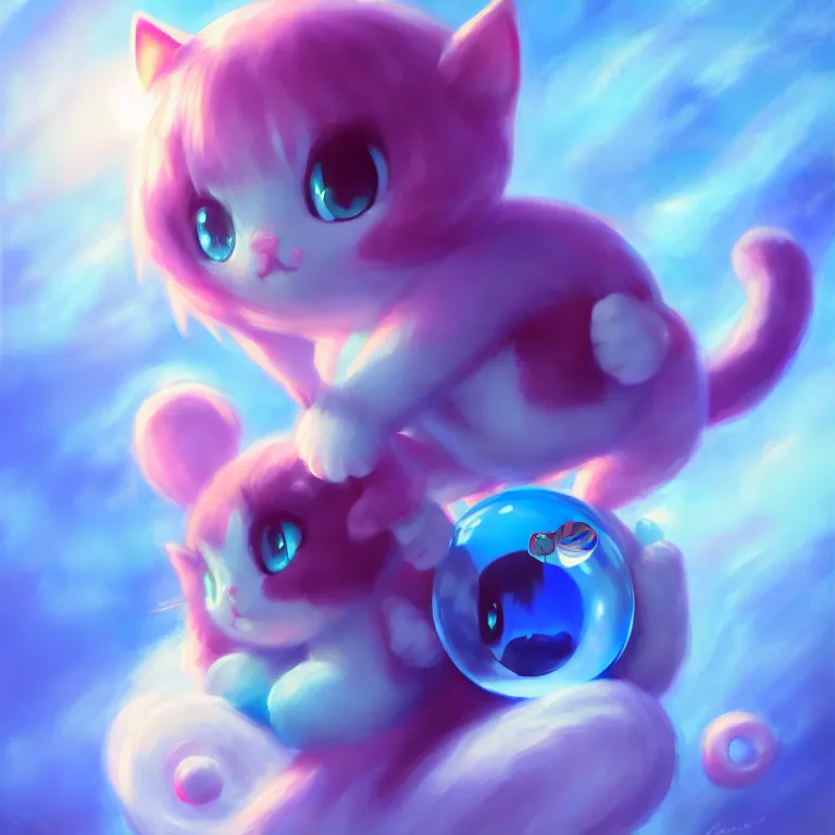 Image similar to cinematic portrait of cute Mew riding large blue bubble, oil on canvas, masterpiece, trending on artstation, featured on pixiv, cinematic composition, dramatic pose, beautiful lighting, sharp, details, hyper-detailed, HD, HDR, 4K, 8K