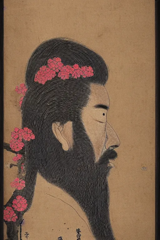 Prompt: a Japanese man's face in profile, long beard, made of crimson flowers and stone fruit, in the style of the Dutch masters and Gregory crewdson, dark and moody