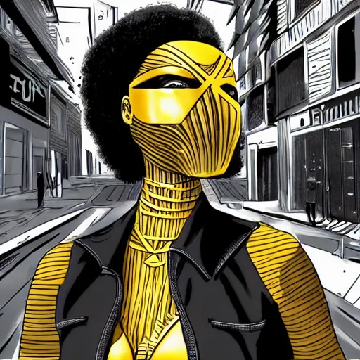 Prompt: afrofuturist woman walking down a very crowded and busy street wearing gold jewelry and a mask, simple, cyberpunk, far shot, 1970s X-Men art style