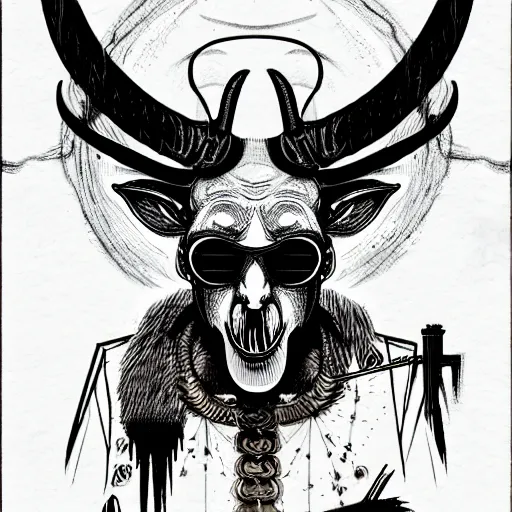 Prompt: graphic illustration, creative design, baphomet, biopunk, francis bacon, highly detailed, hunter s thompson, concept art