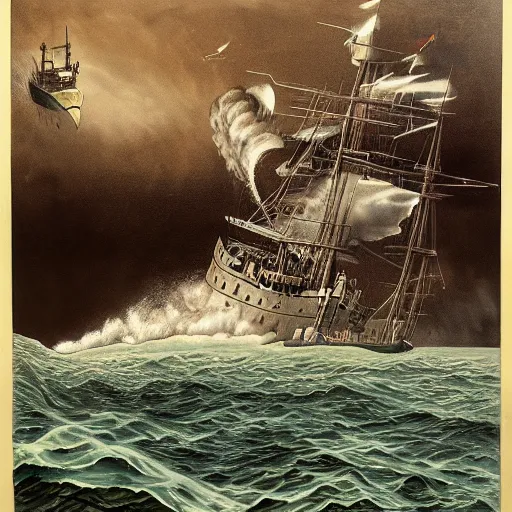 Image similar to hyper detailed painting of a ship being sunk by a giant lung