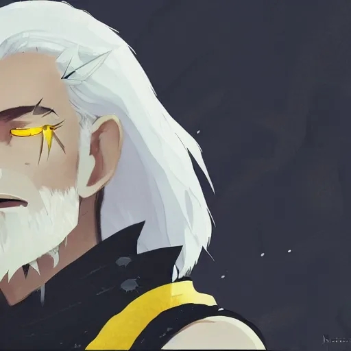 Image similar to a man with spiky white hair and yellow eyes, wearing a black cultist robe, medieval background, highly detailed, digital painting, artstation, matte, by makoto shinkai, animation style, studio ghibli, anime key visual