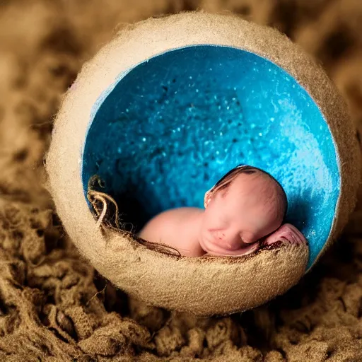 Prompt: baby mermaid hatching out of an egg, realistic photography, high detailed