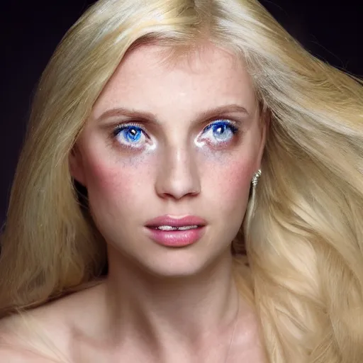 Image similar to close up headshot of a princess with long blonde hair and light blue eyes wearing a strapless elaborately beaded pink dress, high resolution film still, 8k, HDR color, film by Simon Langton and David Frankel, triangular face, slight freckles, round narrow chin, straight jawline, natural lips, high cheekbones