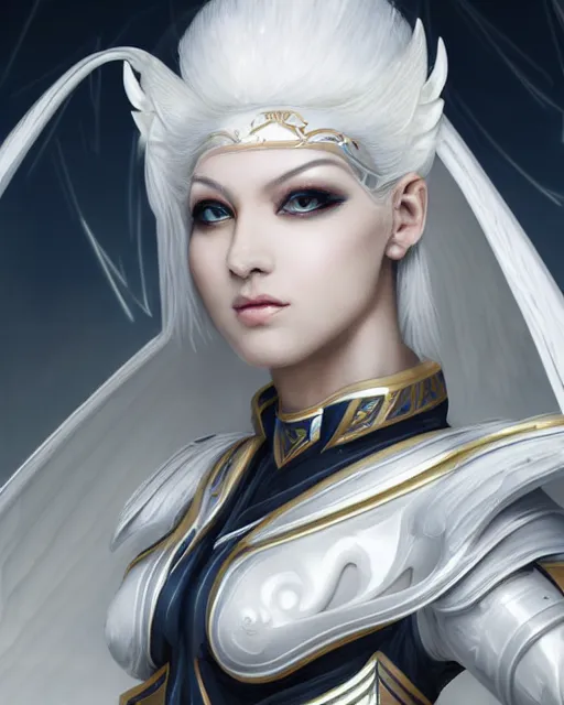 Image similar to perfect white haired egyptian goddess wearing white dove wings, warframe armor, regal, attractive, ornate, sultry, beautiful, dreamy, half asian, pretty face, blue eyes, detailed, scifi platform, 4 k, ultra realistic, epic lighting, android body, illuminated, cinematic, masterpiece, art by akihito tsukushi, voidstar, artgerm