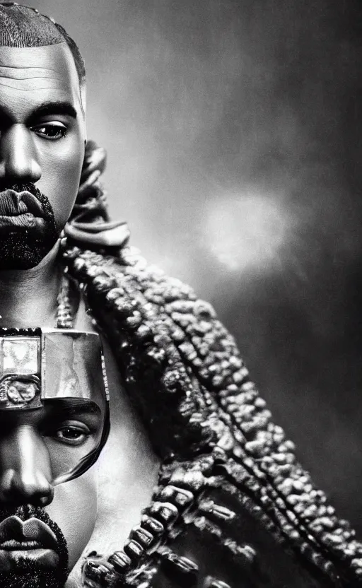 Image similar to Portrait of Kanye West as Emperor Napoleon in Skyrim, splash art, movie still, cinematic lighting, dramatic, octane render, long lens, shallow depth of field, bokeh, anamorphic lens flare, 8k, hyper detailed, 35mm film grain