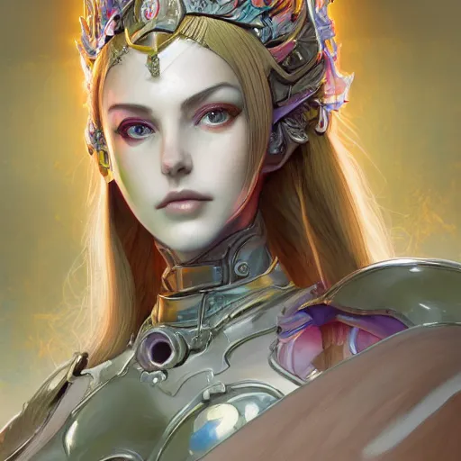 Image similar to studio portrait of lawful good colorful female holy mecha paladin absurdly beautiful, elegant, young sensual graceful woman, ultrafine hyperrealistic detailed face illustration by kim jung gi, irakli nadar, intricate linework, sharp focus, bright colors, matte, octopath traveler, final fantasy, unreal engine highly rendered, global illumination, radiant light, intricate environment