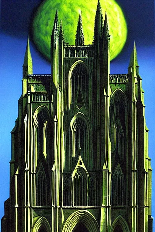 Image similar to a hyperrealistic painting of a flying biopunk alien monstrosity eating a cathedral, by chris cunningham and richard corben, highly detailed, vivid color,