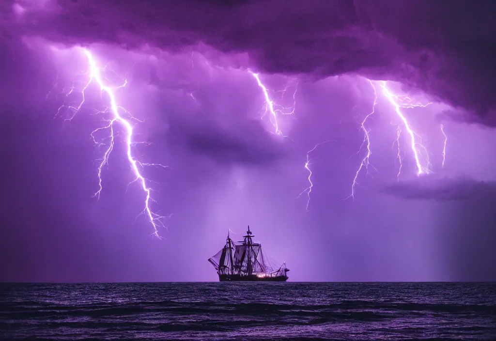 Image similar to purple color lighting storm with stormy sea, pirate ship firing its cannons real life trippy nebula sky 50mm shot