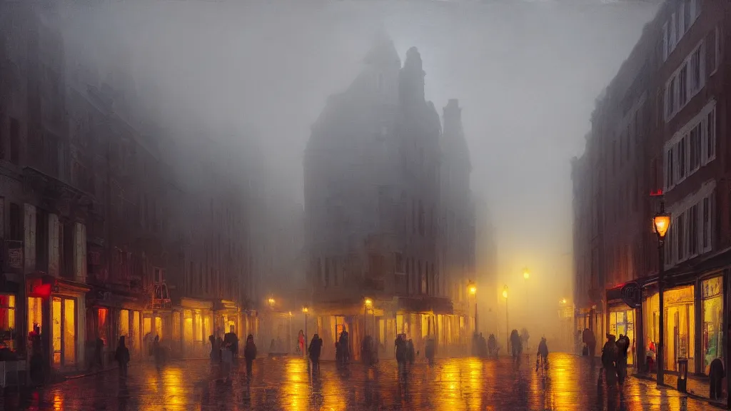 Prompt: old town with houses in the windows of which the light is on and a crowd of people on street. early morning, fog on ground, wet street. mike barr and nick lepard painting. volumetric light, dull colors, dark, noir arthouse, 3 5 mm, hight detalied, hd, 4 k
