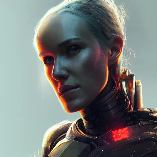 Prompt: naomi watts portrait, dystopia core, apocalyptic, armor, warrior, dramatic, sharp focus, fiction, neon, fantasy, hyper detailed, digital art, trending in artstation, cinematic lighting, studio quality, smooth render, unreal engine 5 rendered, octane rendered, art style and nixeu and wlop and krenz cushart