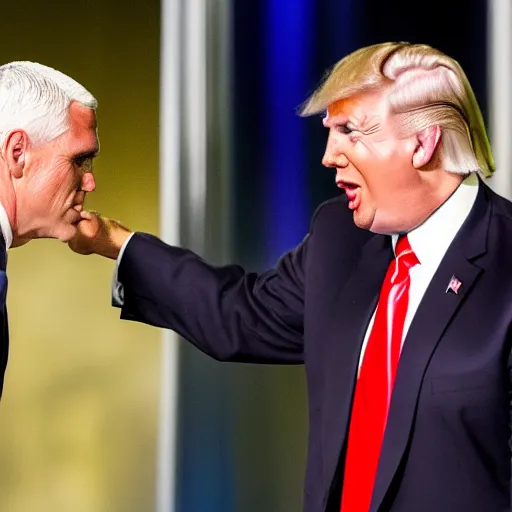 Image similar to mike pence and donald trump shoot lightning at each other, dark background, dramatic, award - winning,