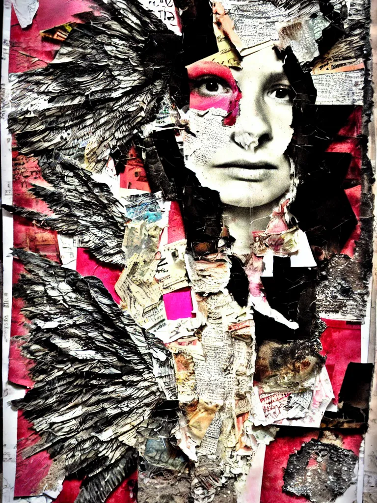 Image similar to a young adult angelgirl face obscured by smoke and ratty feathered angel wings, stressed and burnt out, collage effect, collaged, torn paper, torn paper collage, overexposure, overexposed, high exposure