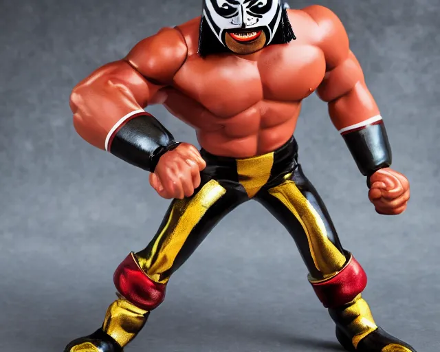 Prompt: Jorge Gutierrez Mexican wrestler vinyl figure, product photography, dynamic pose, anime stylized, exaggerated proportions, high detail, studio lighting, digital art - H 640