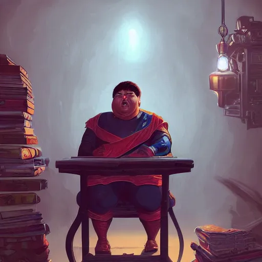 Image similar to an insanely detailed painting of a chubby asian man wearing a homemade superhero costumed, sitting at a computer desk typing on the keyboard, in the style of peter mohrbacher, dramatic lighting and composition, trending on artstation, concept art, comic book, graphic novel