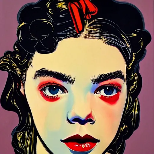 Prompt: beautiful female anya taylor - joy portrait in detail in oil by james jean, by andy warhol, by roy lichtenstein, by egon schiele