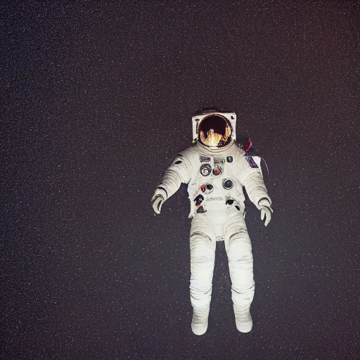 Prompt: photograph of an astronaut against the pitch black darkness of space, full body photo, lit from below, amazing light and shadow contrast,, 8 k