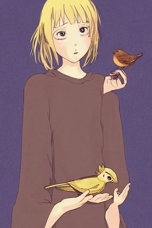 Image similar to young pretty girl holding a bird in her hands, looking touched, Fragile looking character portrait , beautiful scene; highly detailed art, by Studio Ghibli , High contrast, anime art