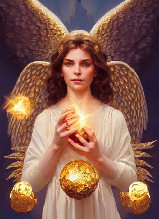 Prompt: close up portrait of beautiful angel holding golden orb of light, d & d, face, fantasy, intricate, elegant, highly detailed, digital painting, artstation, concept art, smooth, sharp focus, illustration, art by artgerm and greg rutkowski and alphonse mucha