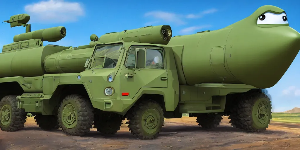 Image similar to HIMARS with missile, eyes and smile, Cars Pixar movie style, detailed, green, digital art