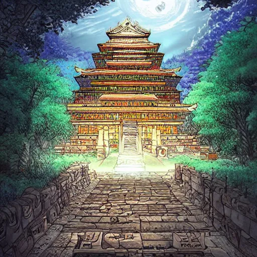 Prompt: stunning concept art for an ancient underground temple by masashi kishimoto