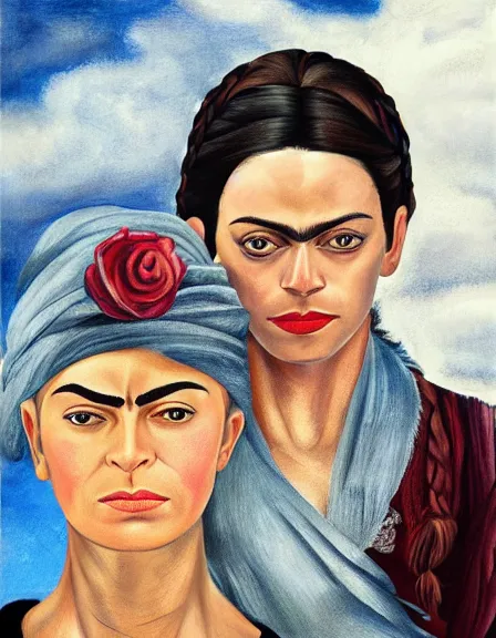 Prompt: couple in love. fully clothed armed female pirate captain, rachel wall, with a male pirate partner, sun, summer, blue eyes, beauty, wisdom, love, strength, knowledge, smart, portrait, symmetrical, highly detailed, digital painting, artstation, smooth, sharp focus, illustration, strength, art by frida kahlo. 8 k