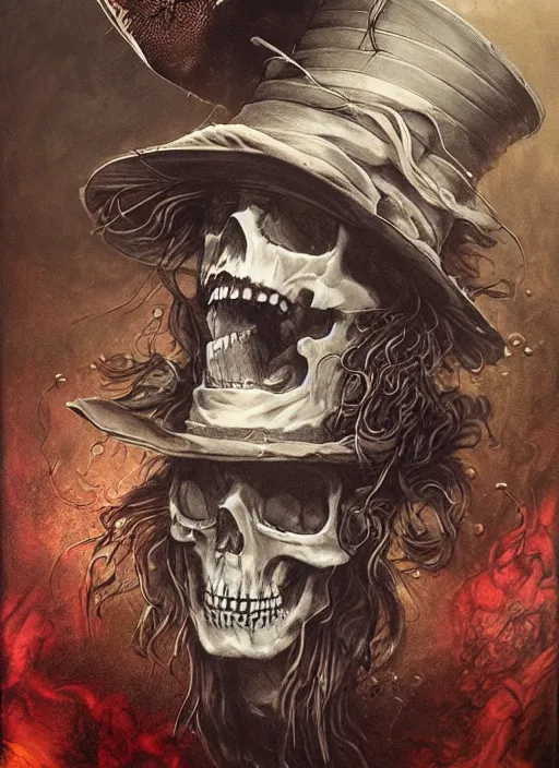 Image similar to Mad hatter, bottle of whisky, guitar,death tarot card,highly detailed,half skull face,cinematic,8k,by Stanley Artgermm,Tom Bagshaw,Greg Rutkowski,Carne Griffiths, Ayami Kojima, Beksinski, Giger,trending on DeviantArt,hyper detailed,horror, full of colour