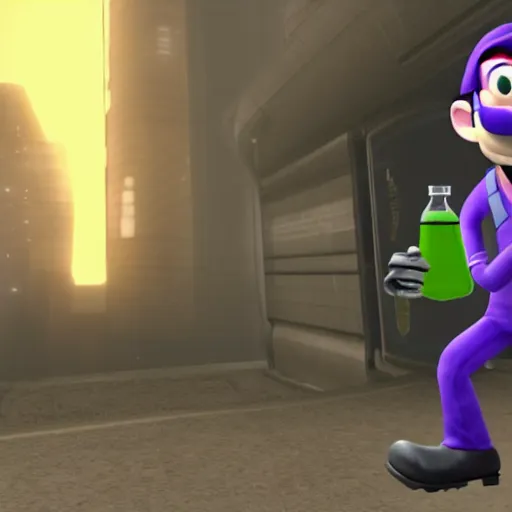 Prompt: waluigi in half life 1 wearing a scientist suit, screenshot from half life 1! dream a movie poster of breaking bad starring elon musk, movie poster, 4 k