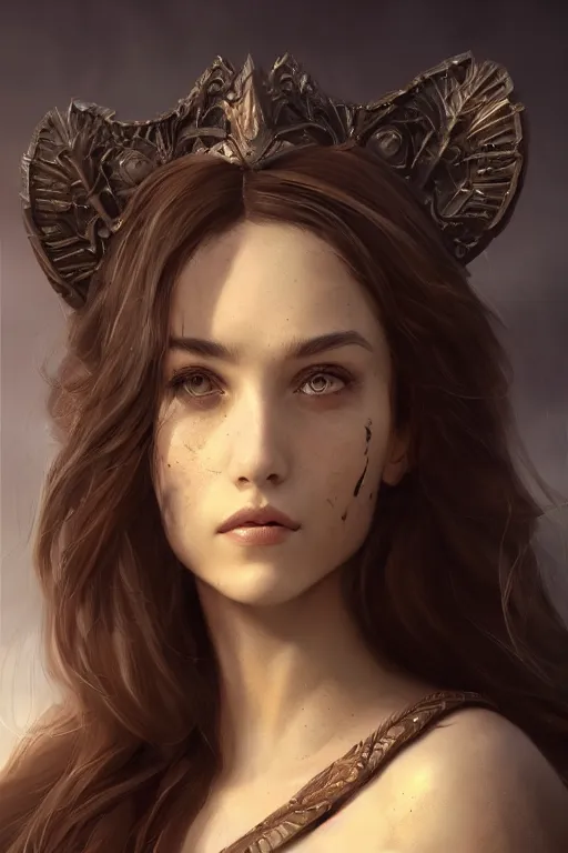 Image similar to princess of eternal beauty and grace, face portrait, raphael lacoste, eddie mendoza, alex ross, concept art, matte painting, highly detailed, rule of thirds, dynamic lighting, cinematic, detailed, denoised, centerd