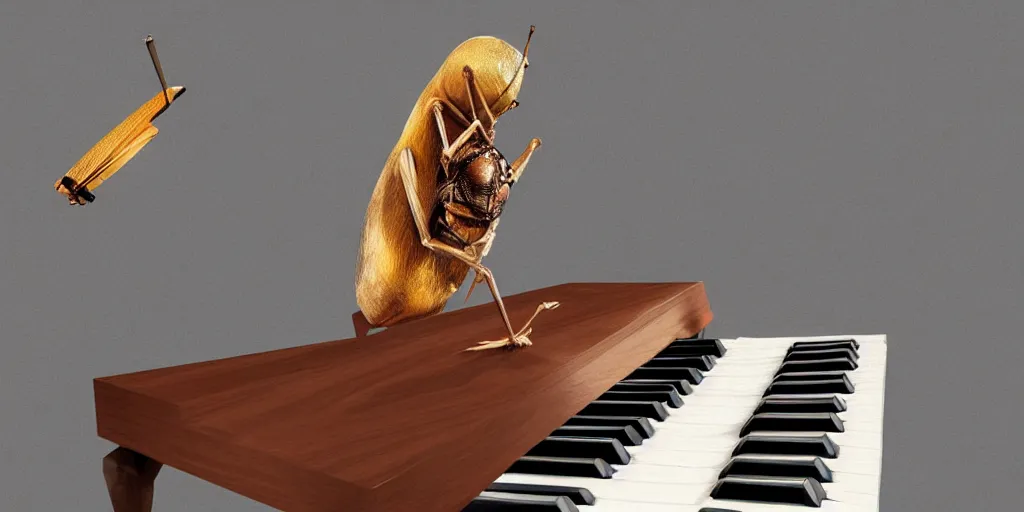 Image similar to a cricket playing a piano like a human, digital art, artstation