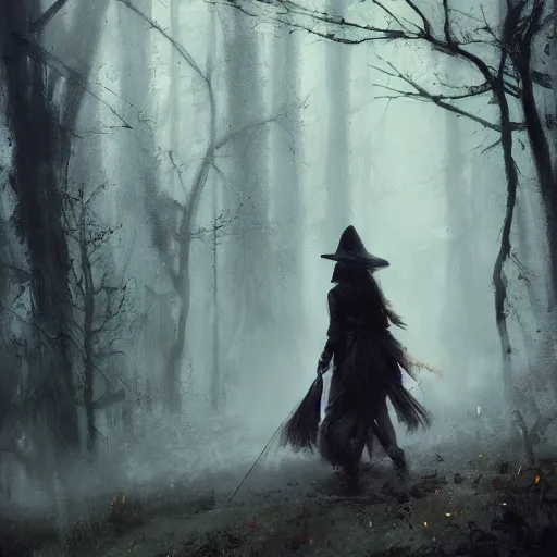 Image similar to a pilgrim witch walking through the woods, painted by raymond swanland, painted by greg rutkowski, painted by jeremy mann, painted by igor kieryluk, trending on artstation