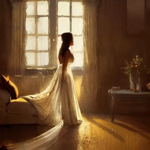 Image similar to A woman in a wedding dress, house interior, golden hour, by Greg Rutkowski