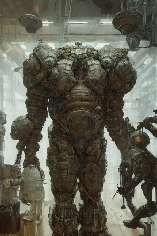 Image similar to scientists in a laboratory observe a martyn ford as a huge bipedal martian wearing armour, painted by ruan jia, raymond swanland, lawrence alma tadema, zdzislaw beksinski, norman rockwell, jack kirby, tom lovell, alex malveda, greg staples