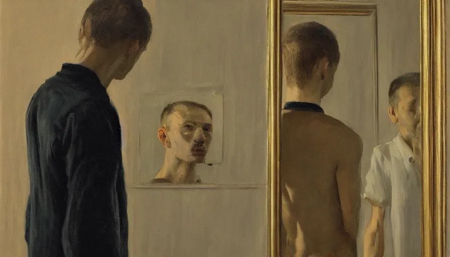 Image similar to painting by borremans, man in front of the mirror, detailed, stunning, dynamic lighting