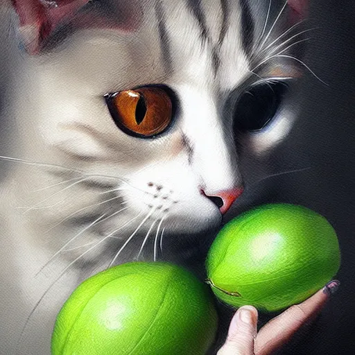 Prompt: very detailed masterpiece painting of a cat eating a melon, portrait, artstation, concept art by greg rutkowski