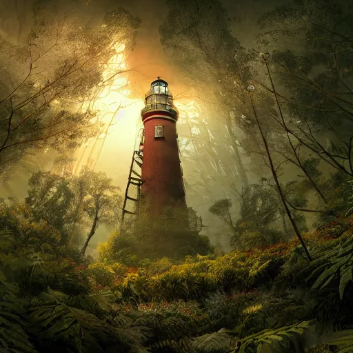 Prompt: red orangutan as doctor who climbing on the unstable lighthouse, beautiful, realistic, atmosphere, vibe, forest, lot of trees, fern, flowers, concept art illustration, color page, tone mapping, akihiko yoshida, james jean, andrei riabovitchev, marc simonetti, digital illustration, greg rutowski, volumetric lighting, sunbeams, particles