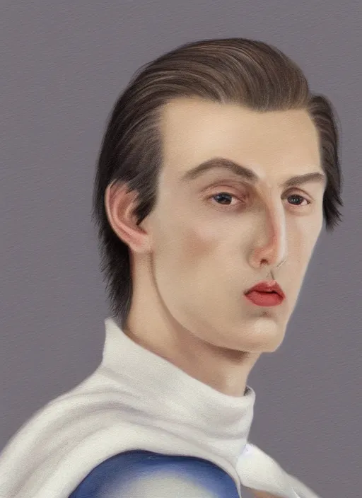 Image similar to a very skinny young white male close-up portrait of young white male, with long dark brown slicked back hair shoulder length slicked back hair, with pearl necklace and pearl earing, in the museum, in white turtleneck shirt, Tarzan, painting in the museum, highly detailed, sharp focus, digital painting