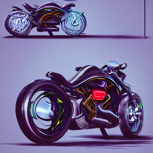 Prompt: cyberpunk motorcycle, realistic style, high detail, chrome, neon