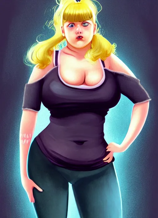 Image similar to full body teenage betty cooper, blonde hair, obese, bangs, ponytail, sultry, realistic, sultry smirk, ponytail, fluffy bangs, curly bangs, fat, belly, beautiful girl, intricate, elegant, highly detailed, digital painting, artstation, concept art, smooth, sharp focus, illustration, art by wlop, mars ravelo and greg rutkowski