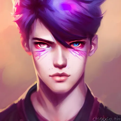 Image similar to colorful and festive captivating teenager boy with straight purple hair, purple eyes with red eye markers, slim body, wearing japanese combat clothes. rich vivid colors, ambient lighting, dynamic lighting, 4 k, atmospheric lighting, painted, intricate, highly detailed by charlie bowater