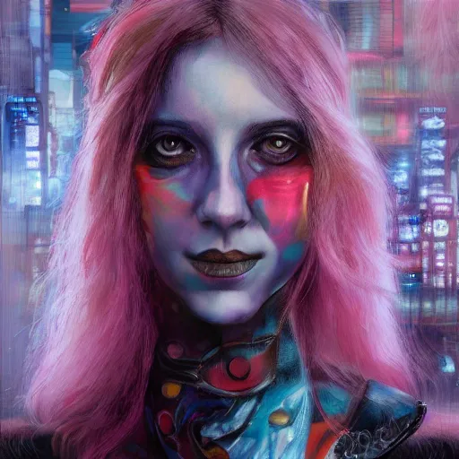 Image similar to A portrait of Alice from Wonderland, oil painting, majestic, detailed, high resolution, cyberpunk