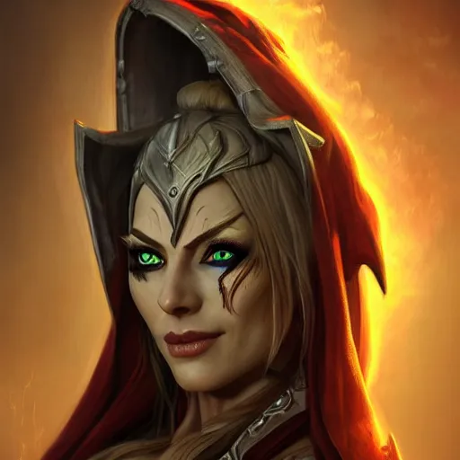 Image similar to hyperrealist portrait of sylvanas windrunner wearing a wedding dress, in the background there is a valley in flames. by bayard wu, fantasy art, photo realistic, dynamic lighting, trending on artstation, poster, volumetric lighting, very detailed faces, 4 k, award winning