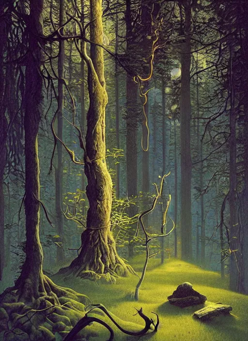 Image similar to hyper realistic witch modem with mood lighting and tech in the woods gorgeous lighting, blue sky, highly detailed, lush forest foliage painting by zdzisław beksinski and norman rockwell and greg rutkowskiweta studio, and lucasfilm