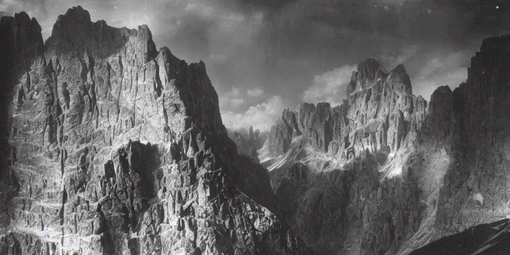 Image similar to 1920s photography of the god of the dolomites, dark, eerie