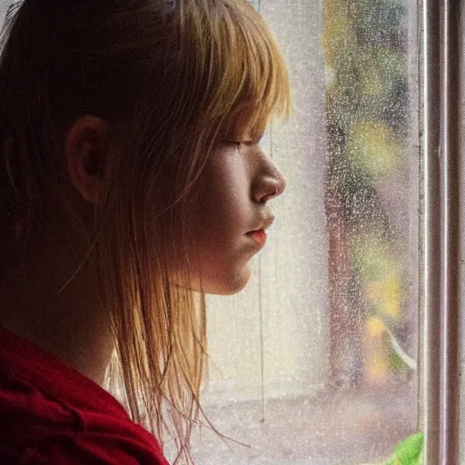 Image similar to girl sitting nearby a windowing, rainy outside, detailed, very fine face, strong lighting, by artists.