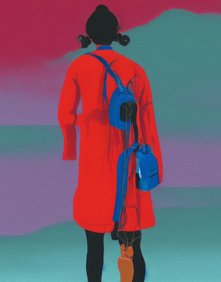 Prompt: wide shot rear view photographer woman hair in a bun kanzashi long red pattern coat backpack sneakers grasping a dslr camera while looking out over a placid lake, a character design painting, in the style of wes anderson, lola dupre, david hockney, isolated on negative white space background dark monochrome neon fluorescent spraypaint accents volumetric octane render, no double figure