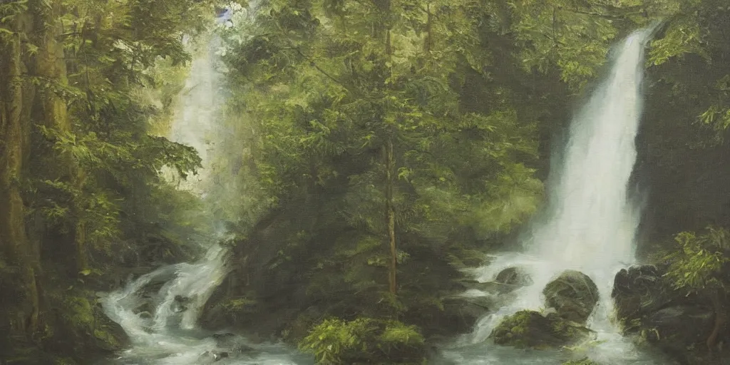 Prompt: A symmetrical oil painting of two waterfalls surrounded by a very dense forest