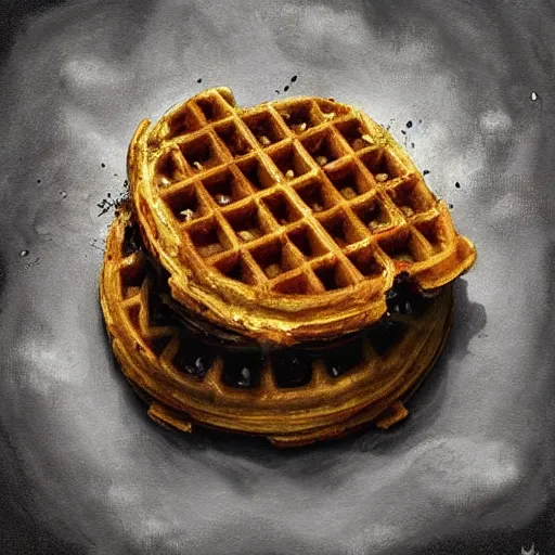 Image similar to hyperrealistic mixed media high resolution painting of an angry sentient waffle, stunning 3d render inspired art by István Sándorfi and Greg Rutkowski and Unreal Engine, perfect facial symmetry, dim volumetric lighting, 8k octane beautifully detailed render, full body shot, post-processing, extremely hyper-detailed, intricate, epic composition, highly detailed attributes, highly detailed atmosphere, cinematic lighting, masterpiece, trending on artstation, very very detailed, masterpiece, stunning, flawless structure, lifelike texture, perfection,