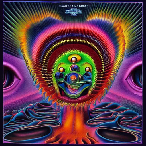 Image similar to animal the muppet on tool album cover, 8 k resolution hyperdetailed scary dystopian surrealism style of alex grey