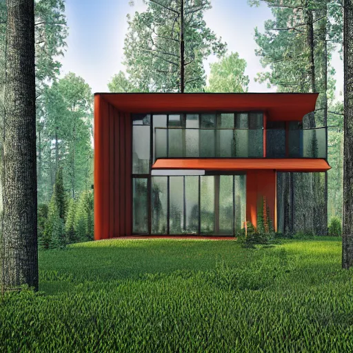 Image similar to a modern house in the woods. the house is the shape of a mobius strip with large picture windows. there are pine trees all around. digital art, 3 d render.